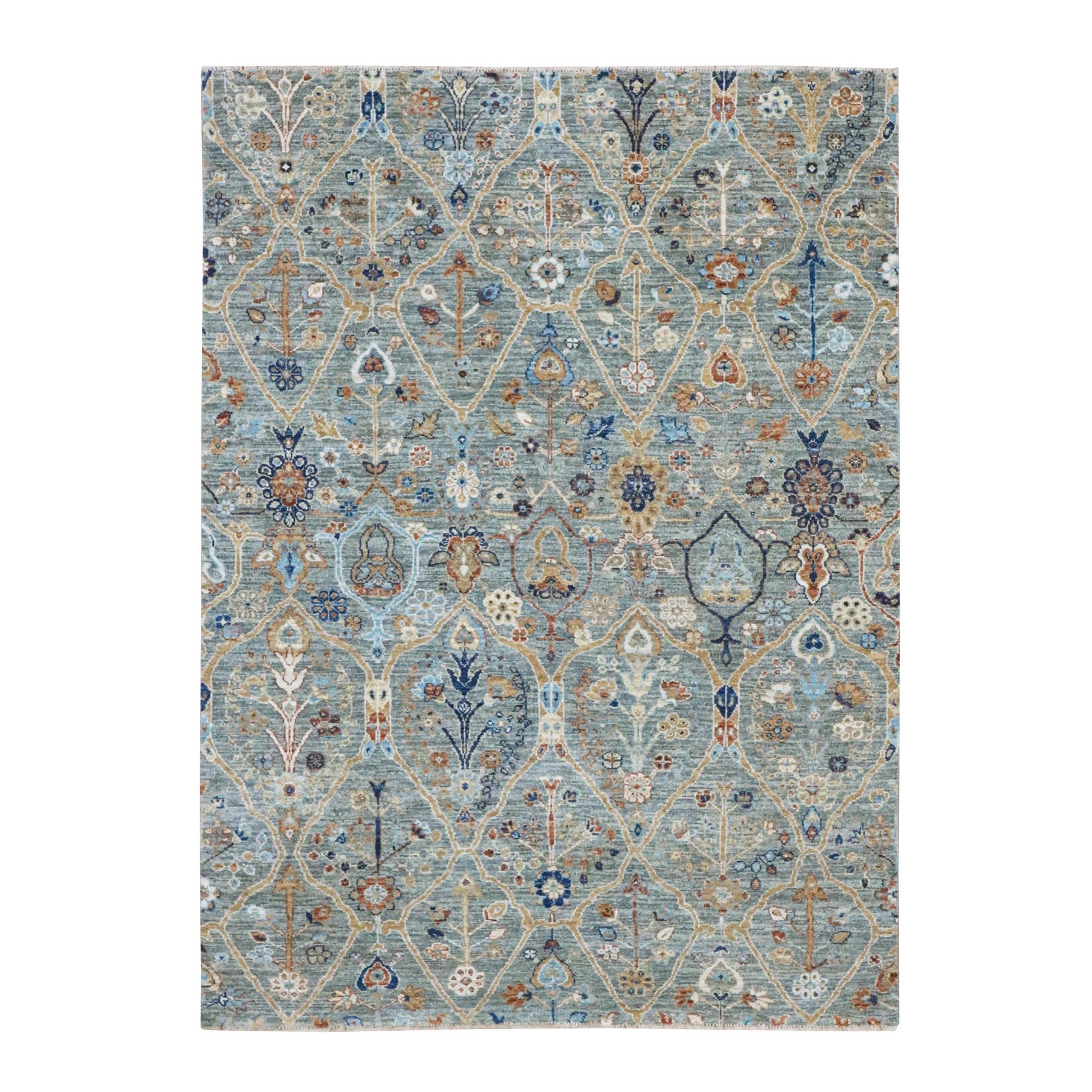 5'1"x7' Sage Green, Agra, Trellis Borderless Garden Design, Hand Knotted, Hand Spun New Zealand Wool, Oriental Rug 